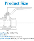 Diagram of 3/4 Inch Full Port Brass Ball Valve With 1/4 Turn Blue Handle showing dimensions and materials