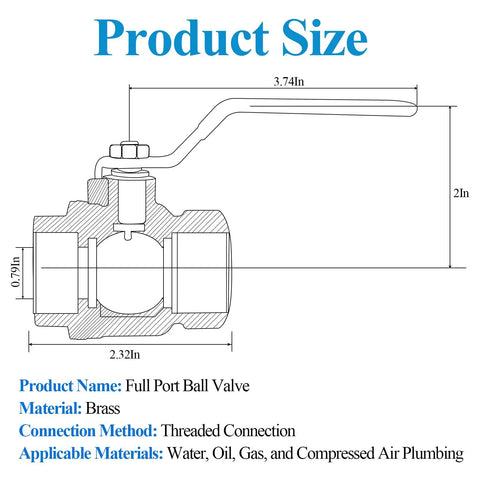 Diagram of 3/4 Inch Full Port Brass Ball Valve With 1/4 Turn Blue Handle showing dimensions and materials