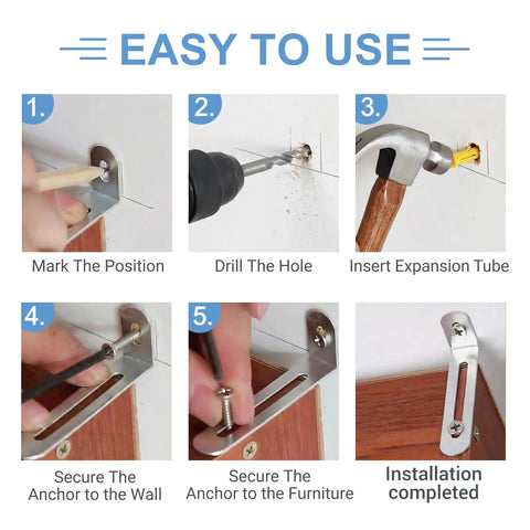 Ultra Sturdy Anti Tip Furniture Anchors Built From Heavy Steel Supports Up To 450 Lbs Securing Tall Dressers And Cabinets With Zero Sweat Setup installation steps.
