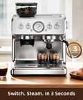 Level Up Your Daily Grind With This 15 Bar Dual Boiler Espresso Machine featuring a quick built in grinder and auto milk frother.