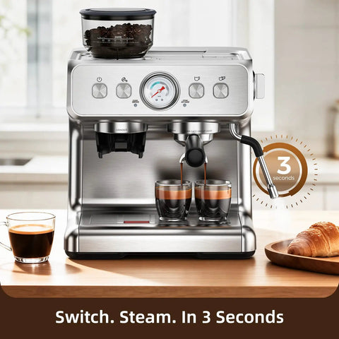 Level Up Your Daily Grind With This 15 Bar Dual Boiler Espresso Machine featuring a quick built in grinder and auto milk frother.