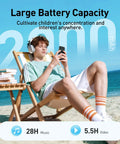 Teen using Kid Friendly MP3 Player With Bluetooth And WiFi 4 Inch Screen Music Player With Parental Controls on beach chair.