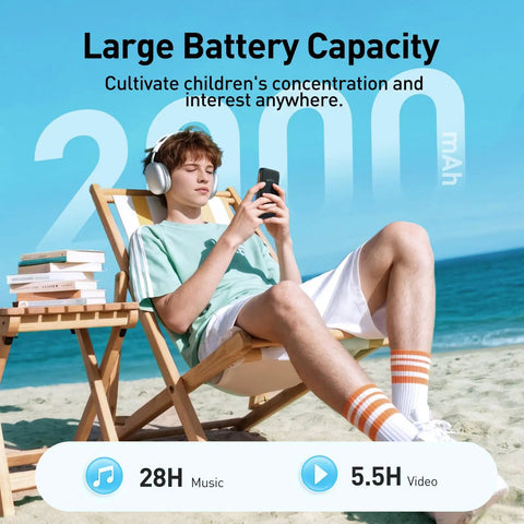 Teen using Kid Friendly MP3 Player With Bluetooth And WiFi 4 Inch Screen Music Player With Parental Controls on beach chair.