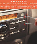Hands using 2 Piece Car Radio Removal Pry Tool Set With V Shaped Stainless Steel Release Tools to remove auto stereo.