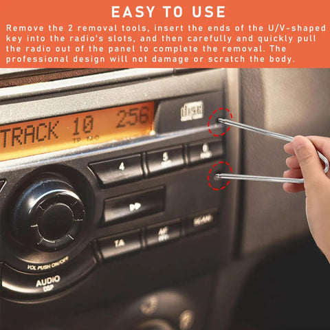 Hands using 2 Piece Car Radio Removal Pry Tool Set With V Shaped Stainless Steel Release Tools to remove auto stereo.