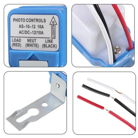 Close-up of Six Pack 12V Photocell Switch No Brainer Auto On Off Light Sensor Rainproof Photoswitch 10A Intelligent Sensor components