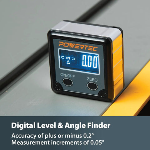 Rock Solid Digital Angle Gauge For Woodworking And Table Saws Handheld Protractor Level Box With Dead On Precision on a flat surface.