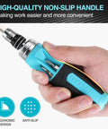 Hand holding ratcheting screwdriver set for quick fixes, 12-in-one standard and stubby duo with quick-load bits, non-slip handle