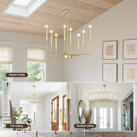 Totally Chic Modern Farmhouse Gold 8 Light Chandelier For Dining Room And Living Spaces with candle-style bulbs on vaulted ceiling