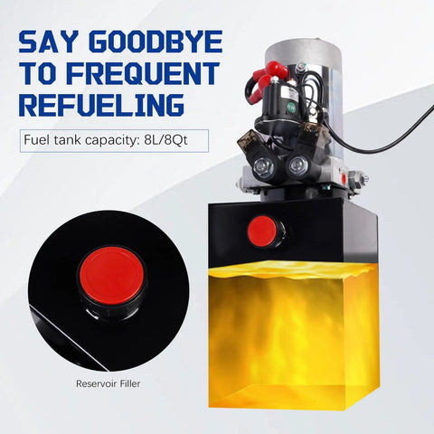 8 Quart Hydraulic Power Unit With 12V DC Electric Pump Double Acting Pump Max 3200 PSI Built For Real Heavy Lifting On Dump Trailers This Workhorse Lifts 3 To 5 Tons Durable Metal Tank