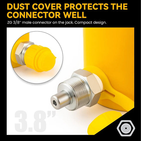 Close-up of ZG 3/8” male connector on 20 Ton Hydraulic Ram Jack With 2 Inch Stroke And CP 180 Hand Pump, yellow dust cover visible.
