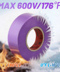 Purple Electrical Tape Five Pack Pro Grade Heavy Duty Industrial UL CSA Listed Seven Mil Thick Flame Retardant Waterproof 66 Feet PVC Tape For High Temp 600V Electric Use showcasing its heat and cold resistance.