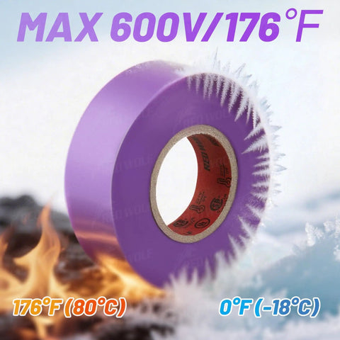 Purple Electrical Tape Five Pack Pro Grade Heavy Duty Industrial UL CSA Listed Seven Mil Thick Flame Retardant Waterproof 66 Feet PVC Tape For High Temp 600V Electric Use showcasing its heat and cold resistance.