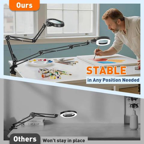Man using 12X Magnifying Glass With Light For Craft, Workbench And Repair, Extra Long Arm Clamp Lamp, Real Glass Lens.