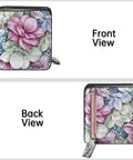 Front and back view of Slim Floral RFID Wallet For Women, Vegan Leather Bifold With Zipper Coin Pocket And ID Window, floral design.