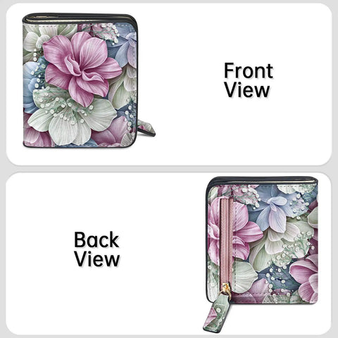 Front and back view of Slim Floral RFID Wallet For Women, Vegan Leather Bifold With Zipper Coin Pocket And ID Window, floral design.