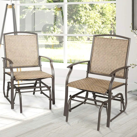 Outdoor Glider Chairs Set Of 2 With Sturdy Metal Frame And Breathable Mesh, shown indoors with garden view.