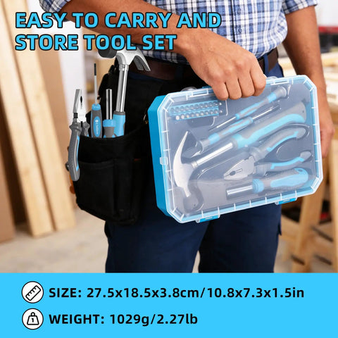 Person holding 25 Piece General Household Tool Set With Plastic Storage Toolbox For Home, Garage And Office, Includes Hammer, Pliers, Precision Screwdrivers And Multi Size Bits, Heat Treated Metal For Grab And Go Everyday DIY Fixes And Durable Performance