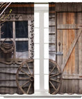 Barn Door Rod Pocket Blackout Curtains For Living Room, Rustic Farmhouse Vibe With Wooden Board Wheel Motif, 2 Panel Set