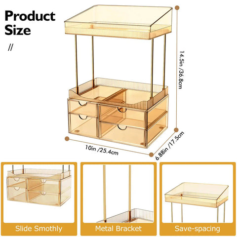 Four Tier Makeup Organizer With Four Drawers And Top Storage For Perfumes And Skincare Clear Tawny, size and features displayed
