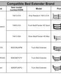 Image showing compatible bed extenders for Toyota Tundra 2007-2025 with model numbers and brands including AMP Research.