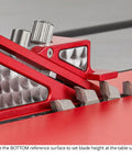 Close-up of Knockout Adjustable Setup Block For The Weekend Warrior Dial In Router Bits And Saw Blades, setting saw blade height.