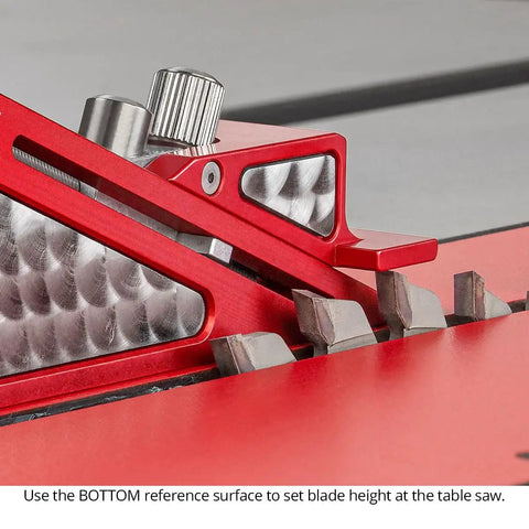 Close-up of Knockout Adjustable Setup Block For The Weekend Warrior Dial In Router Bits And Saw Blades, setting saw blade height.