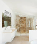Modern bathroom with All-In-One Chrome Bathroom Set With 23 Inch 3-Light Vanity Wall Light And Clear Glass Shades above mirror.