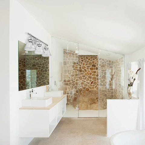 Modern bathroom with All-In-One Chrome Bathroom Set With 23 Inch 3-Light Vanity Wall Light And Clear Glass Shades above mirror.