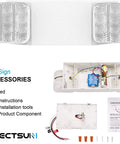 12 Pack Commercial LED Emergency Light With Dual Heads Hardwired Battery Backup For Power Outages showing accessories and internal components.