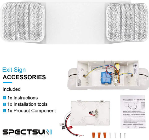 12 Pack Commercial LED Emergency Light With Dual Heads Hardwired Battery Backup For Power Outages showing accessories and internal components.