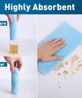 Blue microfiber cleaning towel, 12x12 inches, shown flat wiping a spill and rolled around a glass.