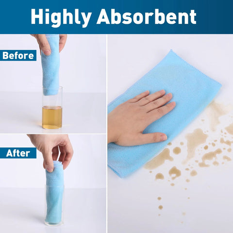Blue microfiber cleaning towel, 12x12 inches, shown flat wiping a spill and rolled around a glass.