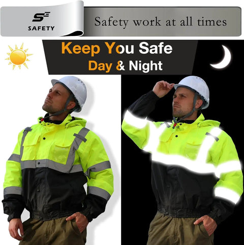 Reflective Hi Vis Bomber Jacket For Men, Waterproof Construction Safety Coat With Pockets And Zipper, Day and Night Visibility