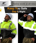 Hi Vis Waterproof Reflective Bomber Jacket For Men With Pockets And Zipper Detachable Hood Black Bottom Contrast Class 3 Safety Gear