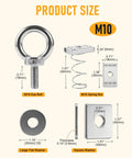 Heavy Duty Strut Channel Nut And Eye Bolt Kit With M8 And M10 Eye Bolts And M10 T Slot Nuts Stainless Steel And Zinc Plated Spring Nuts For Unistrut Pack Of 4; M10 eye bolt, spring nut, and washers detailed dimensions.