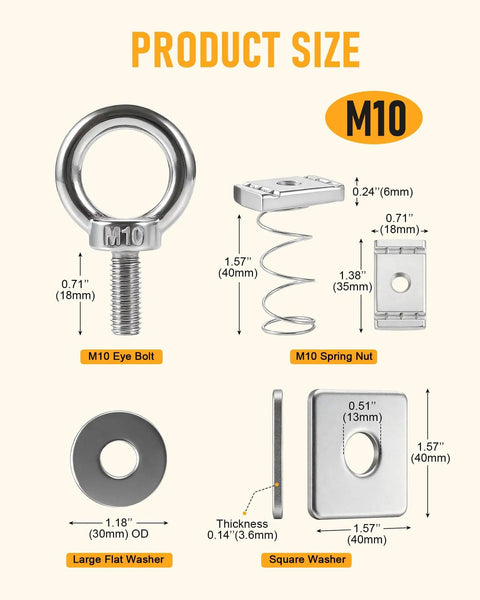 Heavy Duty Strut Channel Nut And Eye Bolt Kit With M8 And M10 Eye Bolts And M10 T Slot Nuts Stainless Steel And Zinc Plated Spring Nuts For Unistrut Pack Of 4; M10 eye bolt, spring nut, and washers detailed dimensions.