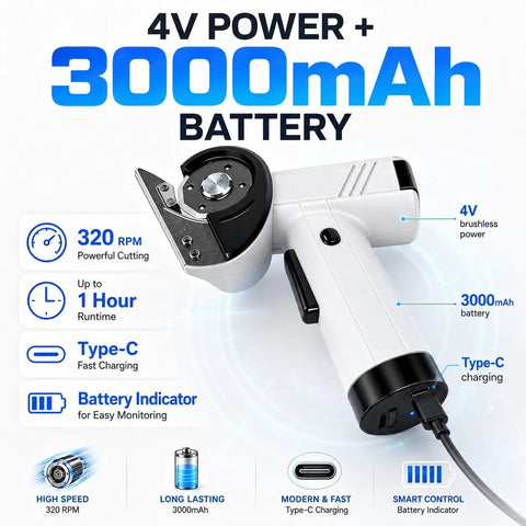 Built Tough Cordless Electric Cutter With 4V Motor And 3000mAh Battery showing battery and power features for cutting performance.