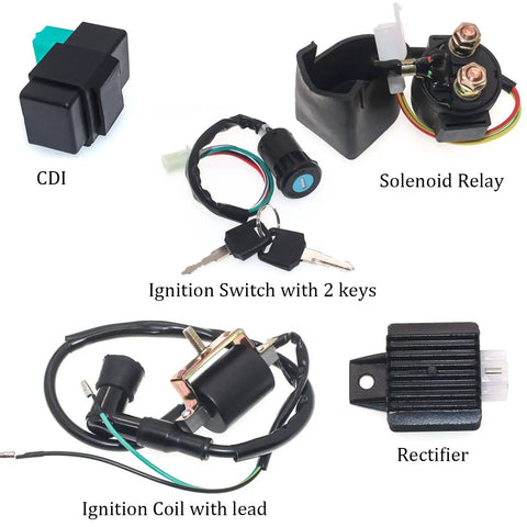 All In One ATV Wiring Harness Kit For 50cc To 150cc Go Karts Scooters And Pit Bikes GY6 Compatible Includes Magneto Stator Check Easy Safe Install And Durable Electrical Harness For Taotao Kazuma Baja Chinese ATVs showing components