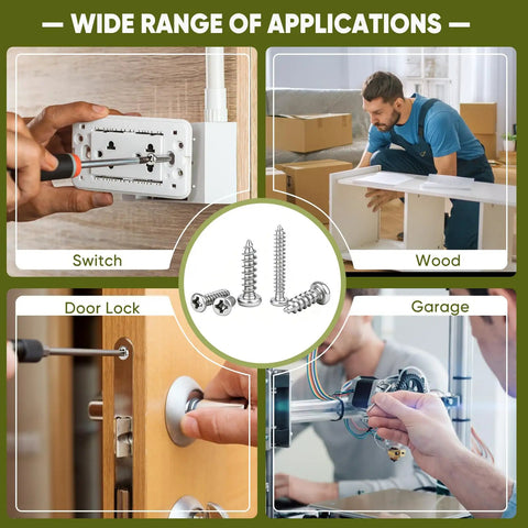 Applications of 625 Piece 14 Size Self Tapping Screws Kit For Plastic And Metal M2 M3 M4 with switch, door lock, wood, garage images.