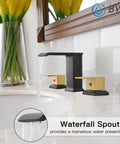Waterfall Bathroom Faucet With Black And Brushed Gold Finish 8 Inch 3 Hole Vanity Sink Mixer Tap Dual Handles