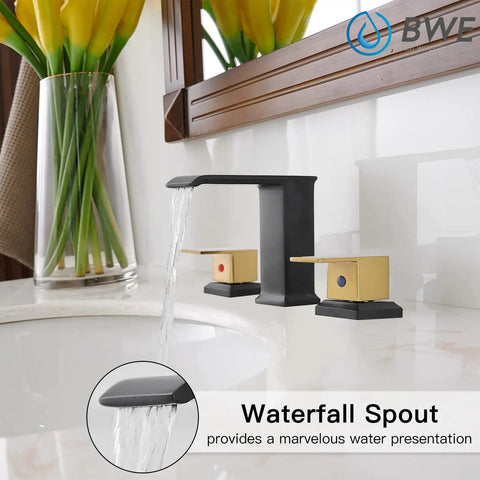 Waterfall Bathroom Faucet With Black And Brushed Gold Finish 8 Inch 3 Hole Vanity Sink Mixer Tap Dual Handles