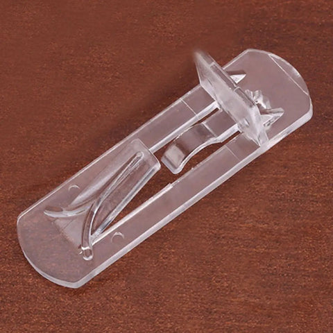 Transparent Shelf Clips Set For Cabinets And Bookshelves With Locking Pegs close-up, showing clear plastic design on wood surface.
