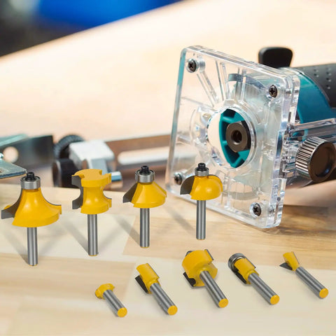 Badass Durability 24 Piece 1/4 Inch Shank Router Bits Set For Swift Precision Woodworking displayed with yellow cutter tips.