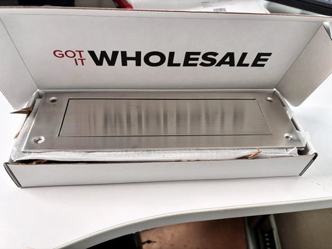 Stainless Steel Mailslot For Front Door 13 By 4 Inch Through Door Letter Plate Rustproof 304 Steel With Satin Finish displayed in box.