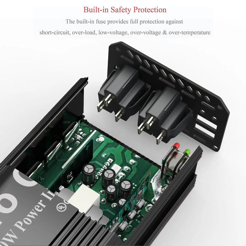Detailed view of Rock Solid 400W Car Power Inverter 12V To 110V AC Converter showing dual outlet plugs and circuit protection.