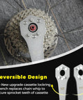 Cassette Removal Tool Set With Wrench And Lockring Tool For 10T And 11T Sprockets in use on a bike wheel, close-up view