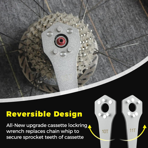 Cassette Removal Tool Set With Wrench And Lockring Tool For 10T And 11T Sprockets in use on a bike wheel, close-up view