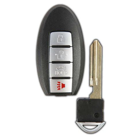 Replacement Key Fob for Nissan 350Z Altima Armada Maxima Quest Sentra and Infiniti G35 Q45 QX56 EX35 FX35 FX45 OEM KBRASTU15 CWTWB1U758 Requires Original Key Fob and Standard Ignition to Program, shown in front view with metal key blade beside remote with buttons visible.
