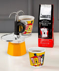 Mini Express Pop Art Series Moka Pot Coffee Maker Set For Two With Dual Glass Shot Cups Vibrant Yellow Aluminum Italian Espresso Brewer with coffee.